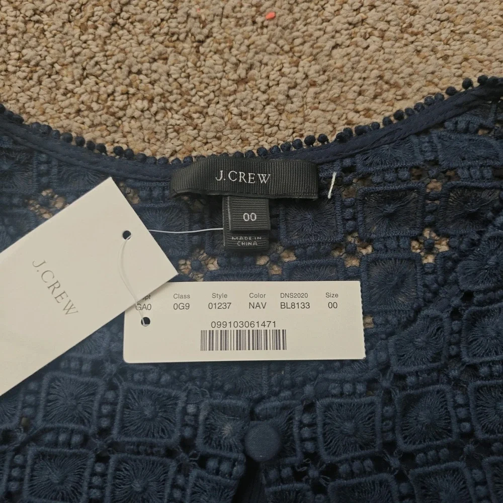 J.Crew Womens Navy Blue Crochet Lace Yoke Crinkle Gauze Cotton Blouse 00 NWT